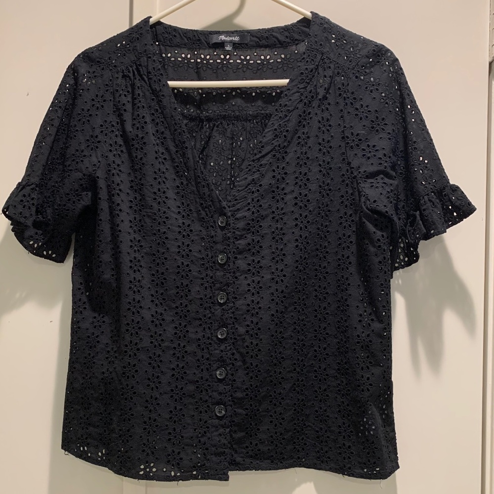 Madewell Black Eyelet Shirt .V neck .Excellent condition. New. Not worn sz L